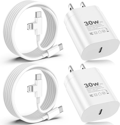 شاحن USB C بقوة 30 وات، شاحنان من النوع C شحن سريع مع كابل USB C إلى C بطول 6 أقدام وكابل Lightning، لهاتف Samsung Galaxy S26 Ultra/S26/S26+/iPhone 17/16/15/14/13/12/11 Pro Max، iPad، AirPods (2، أبيض) in Kuwait
