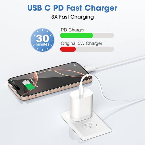 شاحن USB C بقوة 30 وات، شاحنان من النوع C شحن سريع مع كابل USB C إلى C بطول 6 أقدام وكابل Lightning، لهاتف Samsung Galaxy S26 Ultra/S26/S26+/iPhone 17/16/15/14/13/12/11 Pro Max، iPad، AirPods (2، أبيض) in Kuwait