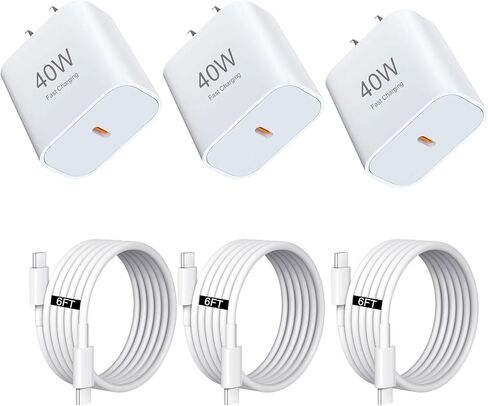 شاحن USB C، لشاحن iPhone، مجموعة 3 قطع بقدرة 40 وات مع كابل USB c بطول 6 أقدام، متوافق مع iPhone 17/17 Plus/17 Pro/17 Pro Max/16/16 Plus/16 Pro Max/15/15 Plus/15 Pro/15 Pro Max in Kuwait