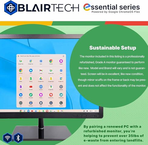 BlairTech Desktop Computer PC, Essential Series, Intel Core i5, 8GB RAM, 256GB SSD, WiFi 6, Bluetooth, HDMI, Display - 22" Monitor w/Mouse & Keyboard, Powered by Google ChromeOS Flex - Restored in Kuwait