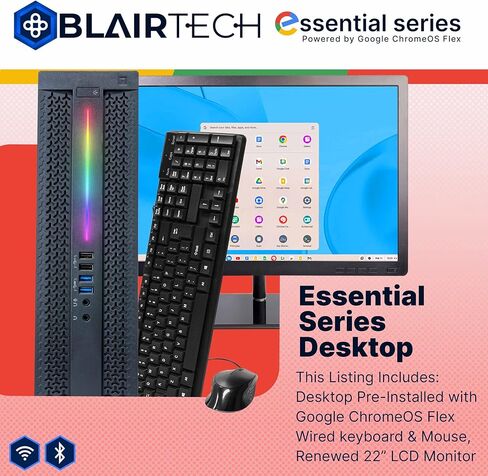 BlairTech Desktop Computer PC, Essential Series, Intel Core i5, 8GB RAM, 256GB SSD, WiFi 6, Bluetooth, HDMI, Display - 22" Monitor w/Mouse & Keyboard, Powered by Google ChromeOS Flex - Restored in Kuwait
