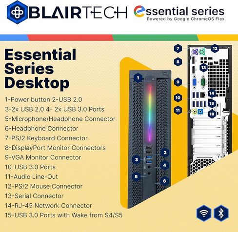BlairTech Desktop Computer PC, Essential Series, Intel Core i5, 8GB RAM, 256GB SSD, WiFi 6, Bluetooth, HDMI, Display - 22" Monitor w/Mouse & Keyboard, Powered by Google ChromeOS Flex - Restored in Kuwait