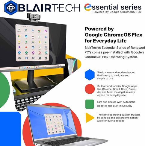 BlairTech Desktop Computer PC, Essential Series, Intel Core i5, 8GB RAM, 256GB SSD, WiFi 6, Bluetooth, HDMI, Display - 22" Monitor w/Mouse & Keyboard, Powered by Google ChromeOS Flex - Restored in Kuwait