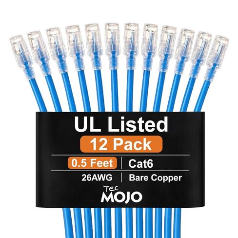 كابل إيثرنت Cat6 بطول 0.5 قدم من Tecmojo UL، موصلات نحاسية نقية 26AWG بنسبة 100%، كابل شبكة Cat6، Snagless RJ45 لجهاز التوجيه والمودم وXbox والكمبيوتر المحمول والخوادم، 12 حزمة، أزرق in Kuwait
