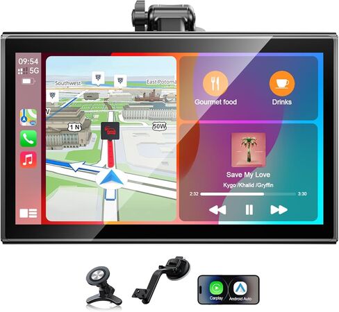 Topexplore 7" Wireless Apple CarPlay and Android Auto Screen with Magnetic Mount, Portrait/Landscape Switch, Portable Car Stereo with Bluetooth, Mirror Link, GPS, OTA Update in Kuwait