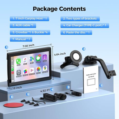 Topexplore 7" Wireless Apple CarPlay and Android Auto Screen with Magnetic Mount, Portrait/Landscape Switch, Portable Car Stereo with Bluetooth, Mirror Link, GPS, OTA Update in Kuwait