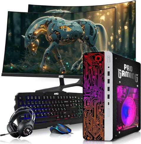 كمبيوتر مكتبي HP G4 للألعاب، أسود كربوني AMD A10-9700، ذاكرة الوصول العشوائي 16 جيجابايت، نظام تشغيل SSD 256 جيجابايت + 2X 500 جيجابايت HDD، شاشة منحنية 32 بوصة، رسومات GT 730، RGB KBM مع AI Copilot، WiFi، سماعة رأس RGB، Windows 11 (متجدد) in Kuwait
