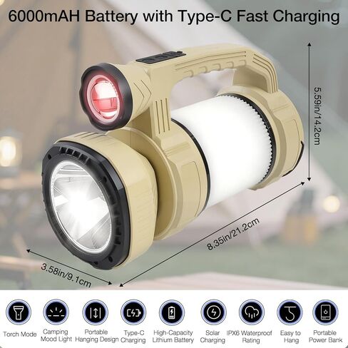 Rechargeable LED Lantern, Camping Essentials, 800LM, Hanging Solar Charging，9 Light Modes, IPX6 Waterproof, Lantern Flashlight for Hurricane Emergency, Hiking, Home and More, USB Cable Included in Kuwait
