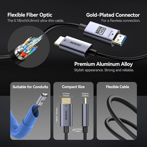 كابل ألياف ضوئية BENFEI 8K HDMI 2.1 بطول 100 قدم - 8K@60 هرتز، 4K@240 هرتز، سرعة عالية 48 جيجابت في الثانية، تصنيف CL3 داخل الجدار، مع eARC/Dynamic HDR/HDCP 2.3 - لأجهزة PS5 وXbox وPC GPU والتلفزيون وجهاز العرض وأنظمة المسرح المنزلي in Kuwait