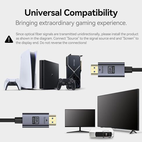 كابل ألياف ضوئية BENFEI 8K HDMI 2.1 بطول 100 قدم - 8K@60 هرتز، 4K@240 هرتز، سرعة عالية 48 جيجابت في الثانية، تصنيف CL3 داخل الجدار، مع eARC/Dynamic HDR/HDCP 2.3 - لأجهزة PS5 وXbox وPC GPU والتلفزيون وجهاز العرض وأنظمة المسرح المنزلي in Kuwait