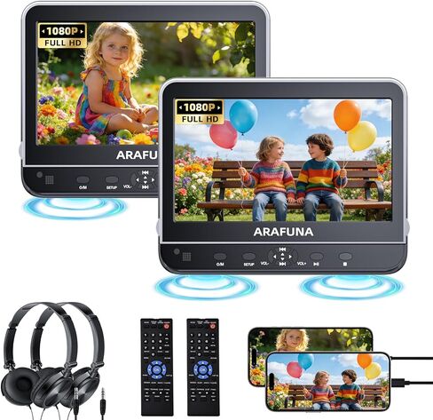 ARAFUNA مشغلات DVD مزدوجة للسيارة مقاس 10.5 بوصة مع مدخل HDMI 1080P وسماعتين، ومشغل DVD لمسند الرأس للأطفال يدعم شاشة المزامنة، وتشغيل فيلمين مختلفين، وأقواس تثبيت، وبطاقة USB/SD، خالية من المنطقة in Kuwait