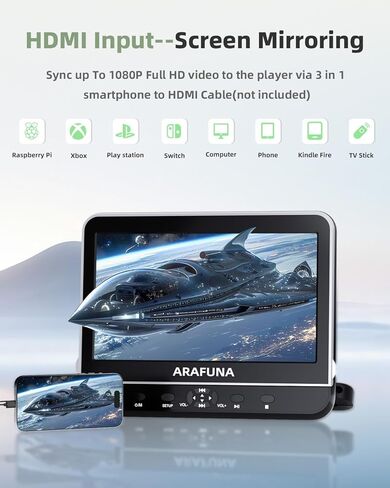 ARAFUNA مشغلات DVD مزدوجة للسيارة مقاس 10.5 بوصة مع مدخل HDMI 1080P وسماعتين، ومشغل DVD لمسند الرأس للأطفال يدعم شاشة المزامنة، وتشغيل فيلمين مختلفين، وأقواس تثبيت، وبطاقة USB/SD، خالية من المنطقة in Kuwait