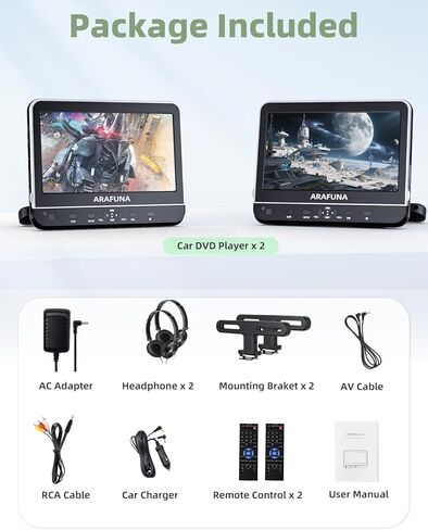 ARAFUNA مشغلات DVD مزدوجة للسيارة مقاس 10.5 بوصة مع مدخل HDMI 1080P وسماعتين، ومشغل DVD لمسند الرأس للأطفال يدعم شاشة المزامنة، وتشغيل فيلمين مختلفين، وأقواس تثبيت، وبطاقة USB/SD، خالية من المنطقة in Kuwait