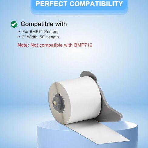 M7C-2000-595-WT متوافق مع شريط لاصق من الفينيل لاصق دائم لجميع الأحوال الجوية لطابعات BMP71 - 2 بوصة × 50 بوصة، أبيض in Kuwait