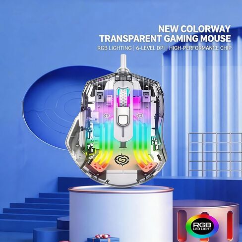 【 USB-57 Inch Cable Length&Plug and Play 】 2026 Fully Transparent Gaming Optical RGB Wired Mouse with Mute Effect, 7200DPI, Switchable Lighting Effects, Suitable for PC, Desktop, and Laptop Computers in Kuwait