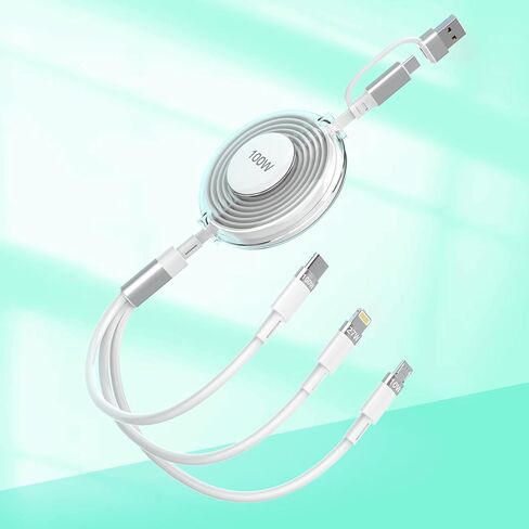100W Retractable Multi 5-in-1 USB A/Type C to Lightning+USB C+Micro Charging Cable for All Apple iPhone,100W+27W Fast Multiple Charger Cord for iPhone 15 14 13 12/Samsung/iPad Pro in Kuwait