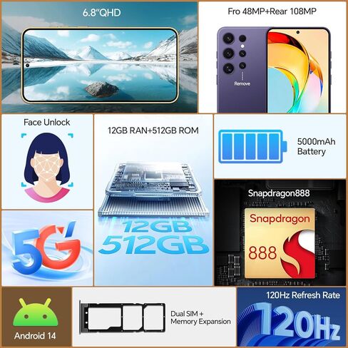 D24 ultar Unlocked Phones,5G Android 14 Smartphones,12GB+512GB Unlocked Android Phones, Snapdragon888, 5000mAh, 48+108MP Camera, 6.8“ HD Screen, Dual SIM+Memory Expansion,Black in Kuwait