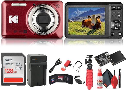 حزمة الكاميرا الرقمية Kodak Pixpro FZ55 (حمراء) تتضمن: بطاقة ذاكرة سعة 128 جيجابايت، بطارية قابلة لإعادة الشحن، شاحن بطارية، حامل ثلاثي مرن، قارئ بطاقات، محفظة بطاقات، حزام يد، مجموعة تنظيف كاملة in Kuwait