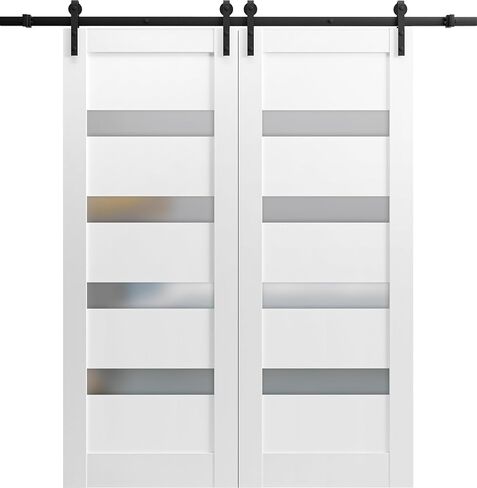 SARTODOORS أبواب الحظيرة المزدوجة المنزلقة مقاس 64 × 96 مع الأجهزة | كوادرو 4113 حرير أبيض مع زجاج غير شفاف بلوري | مجموعة قوية للسكك الحديدية بطول 13 قدمًا | باب الحمام الداخلي لغرفة النوم بلوحة خشبية صلبة من كيتشن لايت in Kuwait