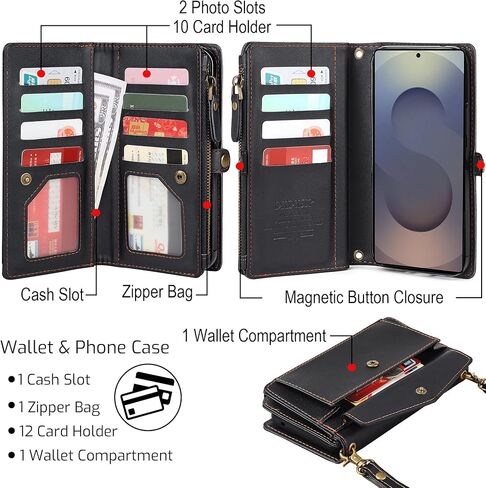 Compatible with Samsung Galaxy S26 Wallet Case for Women Men, Wireless Charging with RFID Blocking Card Holder, PU Leather Crossbody Strap Detachable Magnetic Phone Cover,Black in Kuwait