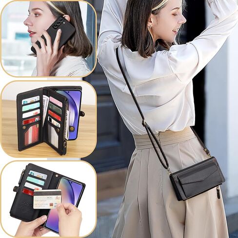 Compatible with Samsung Galaxy S26 Wallet Case for Women Men, Wireless Charging with RFID Blocking Card Holder, PU Leather Crossbody Strap Detachable Magnetic Phone Cover,Black in Kuwait