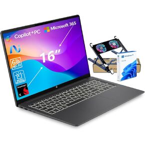 HP OmniBook 3 16" 2K New Model Laptop w/Microsoft 365, Qualcomm 8-Core CPU for Copilot+, 16GB RAM, 512GB SSD, Backlit KB, Win11H, w/Laptop Cooler, Mica Black (16-bz0010wm) in Kuwait