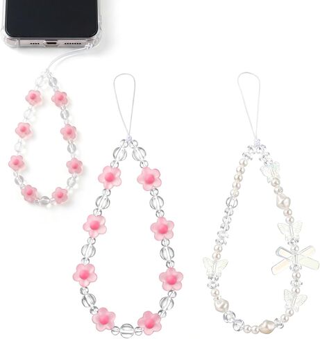 Beaded Phone Bracelet Strap, Crystal Butterfly Flower Pearl Beaded Phone Wrist Lanyard Strap, Acrylic Charm Bracelet for Women, Camera, Keychain, Wallet Decor, Gift in Kuwait