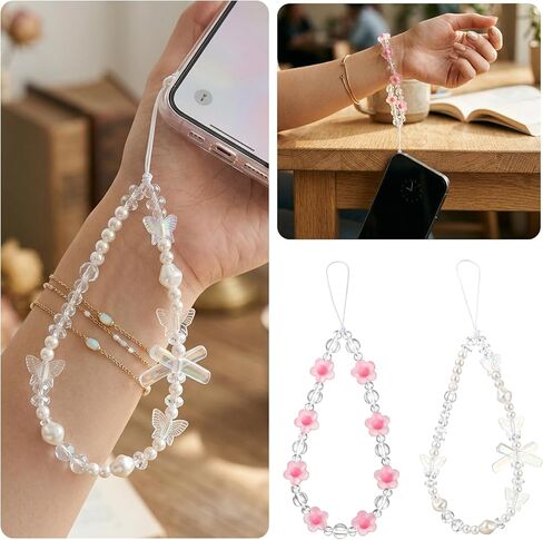 Beaded Phone Bracelet Strap, Crystal Butterfly Flower Pearl Beaded Phone Wrist Lanyard Strap, Acrylic Charm Bracelet for Women, Camera, Keychain, Wallet Decor, Gift in Kuwait