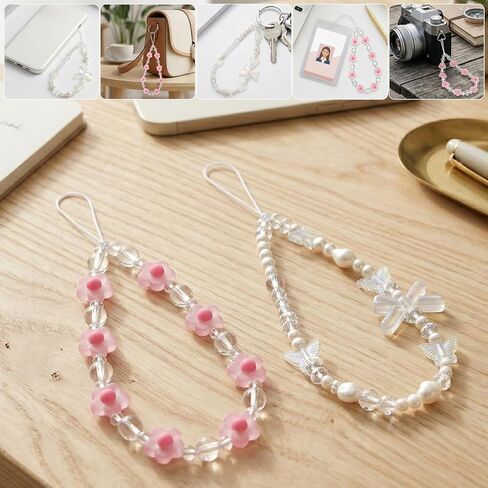 Beaded Phone Bracelet Strap, Crystal Butterfly Flower Pearl Beaded Phone Wrist Lanyard Strap, Acrylic Charm Bracelet for Women, Camera, Keychain, Wallet Decor, Gift in Kuwait