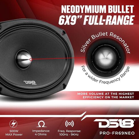 مكبر صوت كامل المدى DS18 PRO-FR69NEO 6x9 - رصاصة ألومنيوم فضية، 500 وات بحد أقصى، 250 وات RMS، 4 أوم، متضمنة، مغناطيس نيوديميوم - أفضل مكبر صوت لباب السيارة كامل المدى (مكبر صوت واحد) (متجدد)، أسود in Kuwait