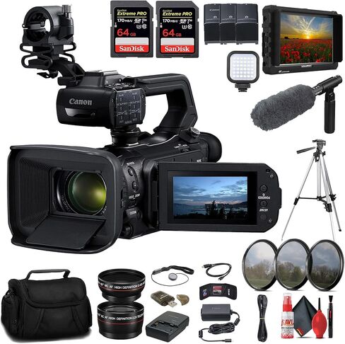 حزمة كاميرا الفيديو Canon XA70 UHD 4K30 مع التركيز التلقائي ثنائي البكسل (5736C002) + شاشة 4K + ميكروفون احترافي + بطاقة 2 × 64 جيجابايت + بطارية 2 × BP828 + المزيد in Kuwait