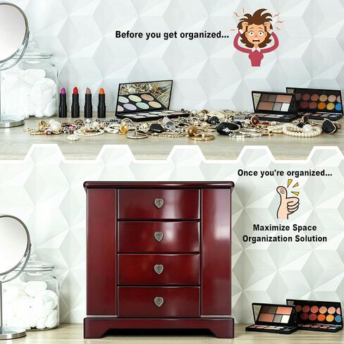RR ROUND RICH DESIGN Jewelry Box - Made of Solid Wood with Cabinet Type 4 Drawers Organizer and 2 Doors on Sides - Dark Brown in Saudi Arabia