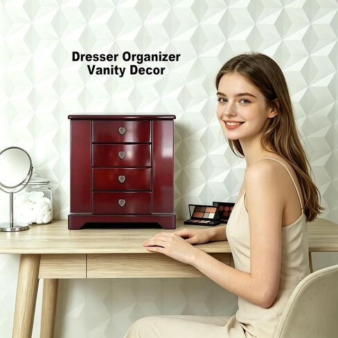 RR ROUND RICH DESIGN Jewelry Box - Made of Solid Wood with Cabinet Type 4 Drawers Organizer and 2 Doors on Sides - Dark Brown in Saudi Arabia