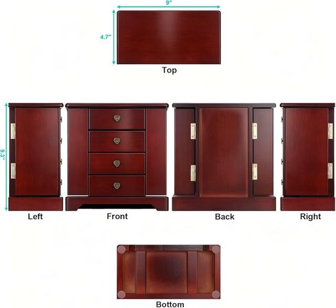 RR ROUND RICH DESIGN Jewelry Box - Made of Solid Wood with Cabinet Type 4 Drawers Organizer and 2 Doors on Sides - Dark Brown in Saudi Arabia