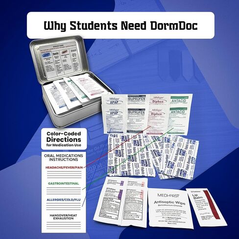 DormDoc Mini Backpack 25 Piece First Aid Kit for College Student Dorm Room Emergency OTC Medications and Bandages Blue in Saudi Arabia