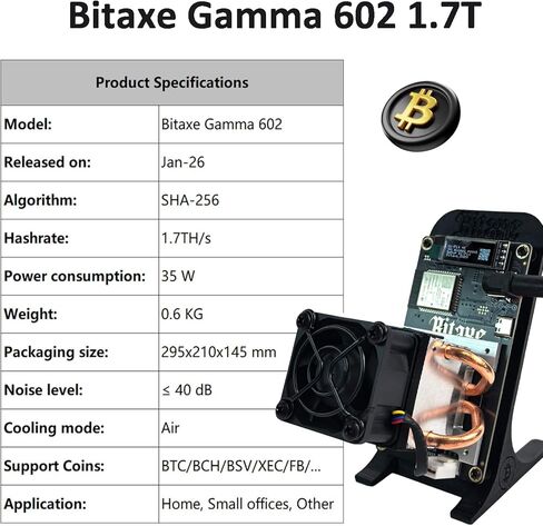 New Bitaxe Gamma 602 Bitcoin Miner, 1.7TH/s, 35W, SHA-256 ASIC, Low Noise <40dB, Supports BTC/BCH/BSV/XEC/FB & More, for Home & Small Office Mining, in Stock (Black) in Kuwait
