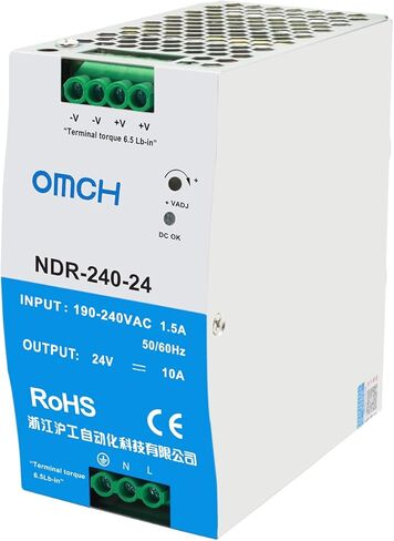 مصدر طاقة DIN للسكك الحديدية 240 وات، OMCH NDR-240-24 24V 10A، مدخل تيار متردد 190-240VAC، مصدر طاقة تحويل صناعي مع RoHS CE in Kuwait