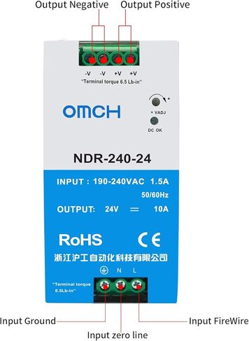 مصدر طاقة DIN للسكك الحديدية 240 وات، OMCH NDR-240-24 24V 10A، مدخل تيار متردد 190-240VAC، مصدر طاقة تحويل صناعي مع RoHS CE in Kuwait