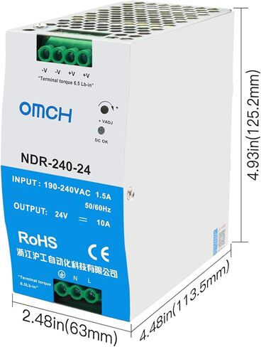 مصدر طاقة DIN للسكك الحديدية 240 وات، OMCH NDR-240-24 24V 10A، مدخل تيار متردد 190-240VAC، مصدر طاقة تحويل صناعي مع RoHS CE in Kuwait