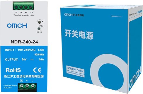 مصدر طاقة DIN للسكك الحديدية 240 وات، OMCH NDR-240-24 24V 10A، مدخل تيار متردد 190-240VAC، مصدر طاقة تحويل صناعي مع RoHS CE in Kuwait
