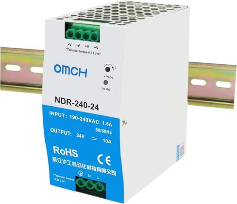 مصدر طاقة DIN للسكك الحديدية 240 وات، OMCH NDR-240-24 24V 10A، مدخل تيار متردد 190-240VAC، مصدر طاقة تحويل صناعي مع RoHS CE in Kuwait