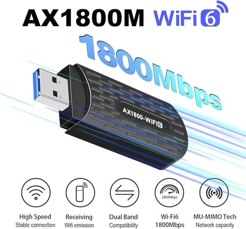 محول واي فاي 1800 ميجابت في الثانية للكمبيوتر المكتبي، محول USB WiFi 6 لاسلكي مع نطاق مزدوج 5 جيجا هرتز/2.4 جيجا هرتز، برنامج تشغيل مدمج لنظام التشغيل Windows 10/11 - AX1805-1 in Kuwait