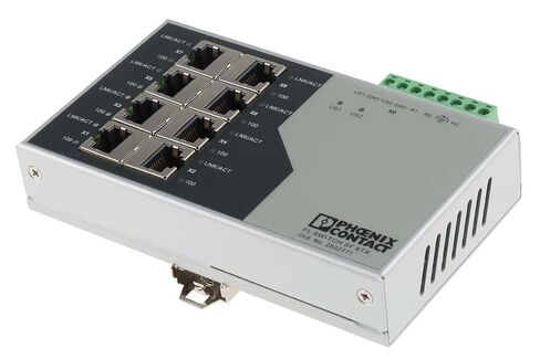 Phoenix Contact، 2832771، FL Switch SF 8TX Industrial Ethernet Switch، 8 منافذ TP RJ45، الكشف التلقائي عن سرعة نقل البيانات 10 أو 100 ميجابت في الثانية (RJ45)، وظيفة التقاطع التلقائي in Kuwait