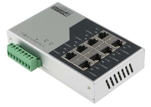 Phoenix Contact، 2832771، FL Switch SF 8TX Industrial Ethernet Switch، 8 منافذ TP RJ45، الكشف التلقائي عن سرعة نقل البيانات 10 أو 100 ميجابت في الثانية (RJ45)، وظيفة التقاطع التلقائي in Kuwait