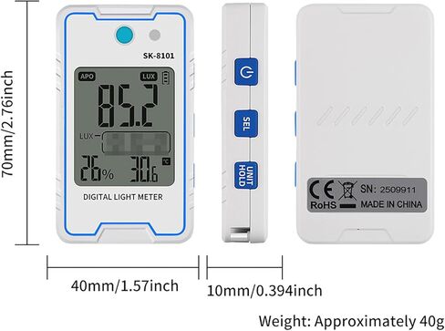 Akozon Digital Mini Light Meter with Temp Humidity Display Data Hold Auto Off Type C Charging 0.1-999900 Light Ideal for Indoor Outdoor Lighting (SK-8101) in Kuwait