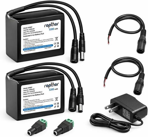 rapthor 2 Pack 12V 5200mAh Rechargeable Lithium Battery Pack with 12.6V 2A Charger, Protected Li-Ion Battery, DC5521 9.0-12.6V Output 3A Max for Router, CCTV, LED Strip, Radio, DIY Projects in Kuwait