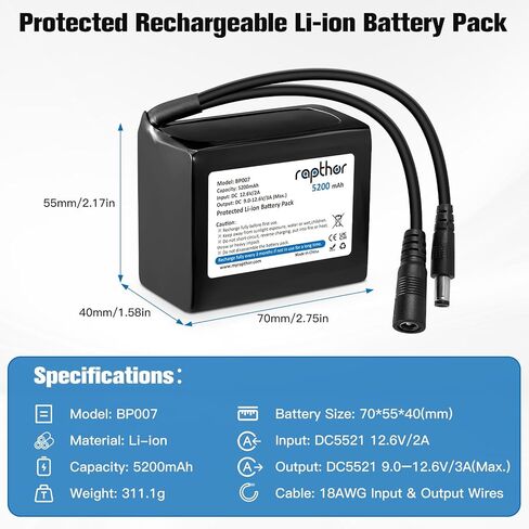 rapthor 2 Pack 12V 5200mAh Rechargeable Lithium Battery Pack with 12.6V 2A Charger, Protected Li-Ion Battery, DC5521 9.0-12.6V Output 3A Max for Router, CCTV, LED Strip, Radio, DIY Projects in Kuwait