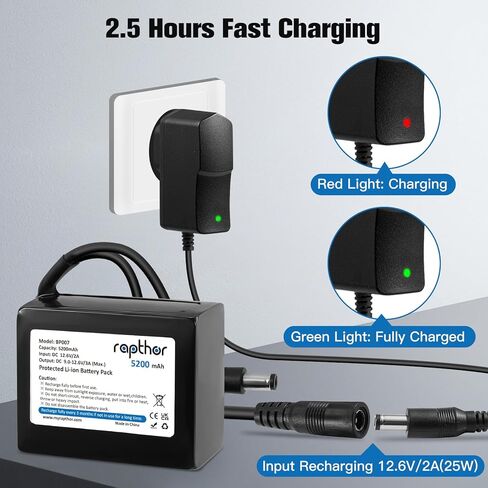 rapthor 2 Pack 12V 5200mAh Rechargeable Lithium Battery Pack with 12.6V 2A Charger, Protected Li-Ion Battery, DC5521 9.0-12.6V Output 3A Max for Router, CCTV, LED Strip, Radio, DIY Projects in Kuwait