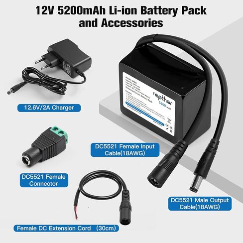 rapthor 2 Pack 12V 5200mAh Rechargeable Lithium Battery Pack with 12.6V 2A Charger, Protected Li-Ion Battery, DC5521 9.0-12.6V Output 3A Max for Router, CCTV, LED Strip, Radio, DIY Projects in Kuwait
