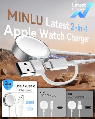 كابل MINLU 2 في 1 USB A/C لشاحن ساعة Apple، محمول مجدول بطول 4 أقدام مصمم لسلك شحن iWatch اللاسلكي المغناطيسي، أساسيات التخييم في العطلات لسلسلة iWatch Ultra/SE/11-2-أبيض in Kuwait